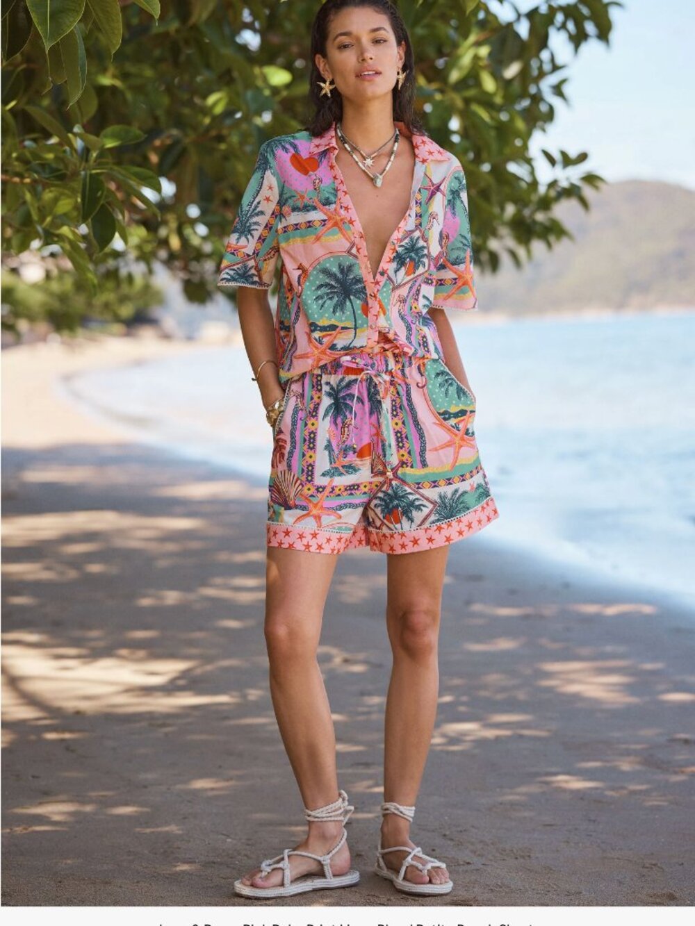 Pink Tropical Matching Shorts Button Down Set Beach Swim Cover Up size M